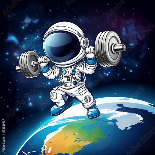 Astronaut Lifting Weights in Space Cartoon - Stock Illustration