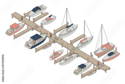 Isometric view of a marina with various boats docked on wooden piers