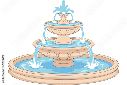 Elegant three tiered stone fountain with cascading water and splashes