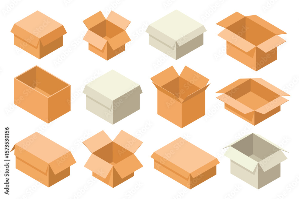 Fototapeta premium Collection of various open and closed cardboard boxes in isometric view