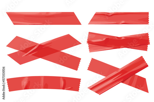 Collection of six red adhesive tape strips in various configurations on a white background
