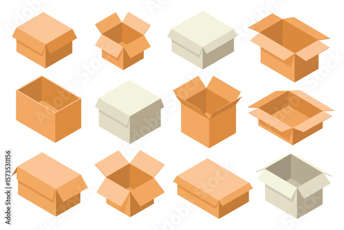 Collection of various open and closed cardboard boxes in isometric view