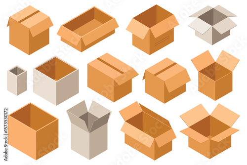 Collection of isometric cardboard boxes in various open and closed states