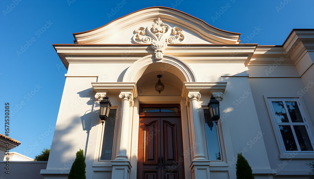 Fototapeta premium An elegant residential doorway with intricate architectural details stands against a clear blue sky.