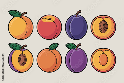 Collection of colorful cartoon peaches and plums whole and halved with leaves