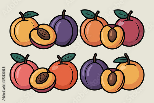 Collection of colorful cartoon peaches and plums with leaves and pits