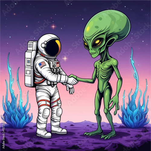 First Contact Astronaut and Alien Handshake in Outer Space