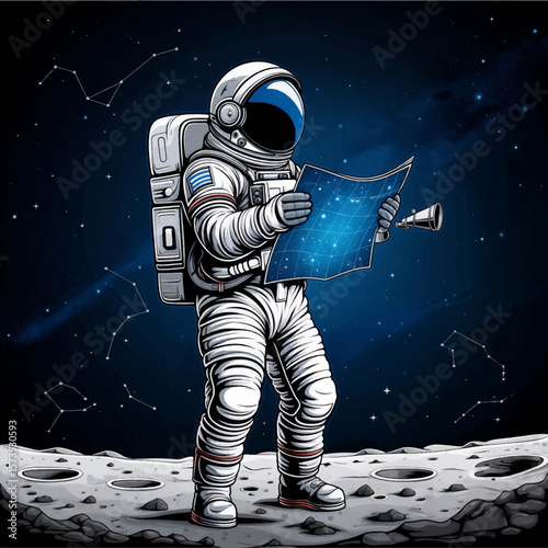 Astronaut on Moon with Star Map - Space Exploration Art