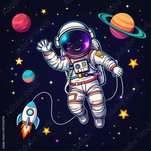 Cheerful Astronaut Floating in the Galaxy with Rocket and Planets