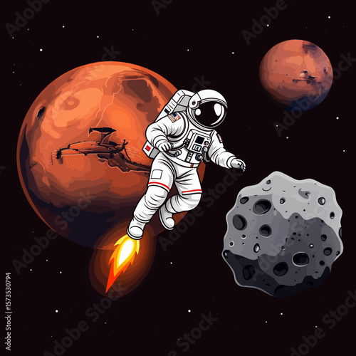 Astronaut Exploring Space Near Mars with Rocket Booster