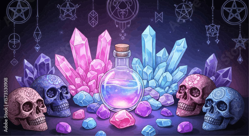 Mystical Crystals and Potion Bottle Illustration – Fantasy Magic Clipart for Witchy Designs