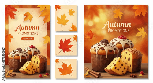 Autumn Leaves and Pumpkin Muffins Illustration – Cozy Fall Clipart Collection
