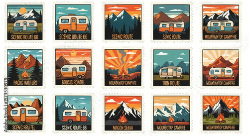 Vintage Camper Van Landscape Illustration Set – Travel Poster Templates