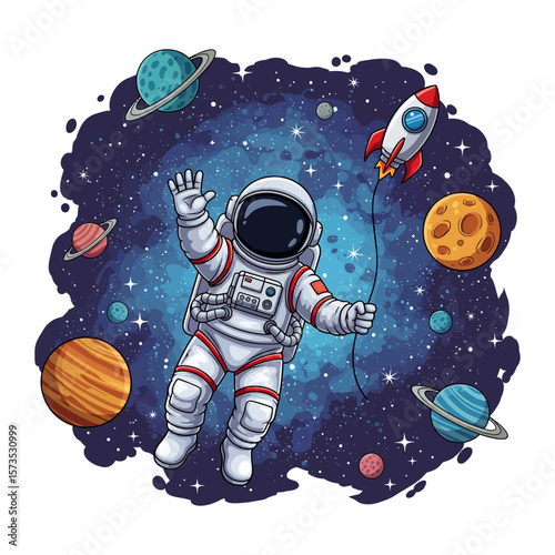 Astronaut in Space with Rocket - Galaxy Illustration