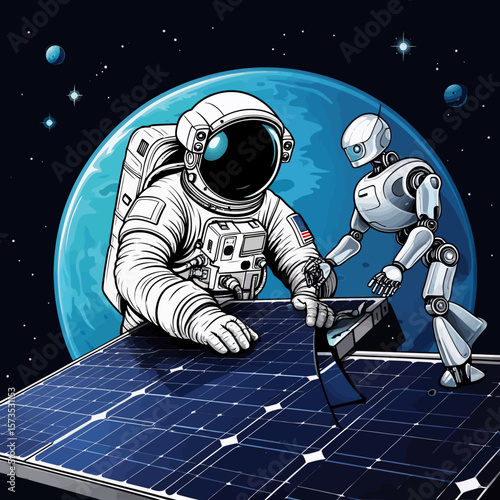 Astronaut and Robot Team Installing Solar Panels in Space - Stock Illustration