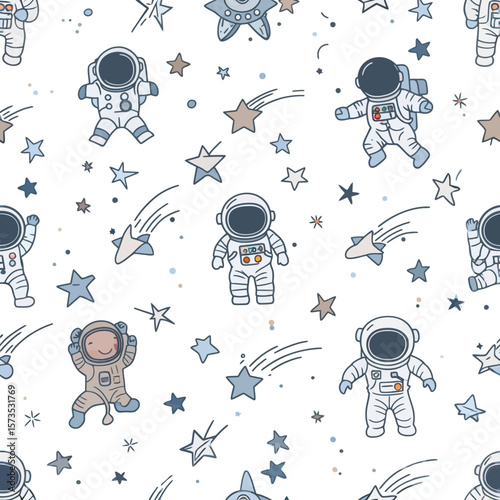 Cute Astronauts in Space Seamless Pattern