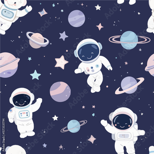 Cute Astronauts in Space Galaxy Cosmos Seamless Pattern