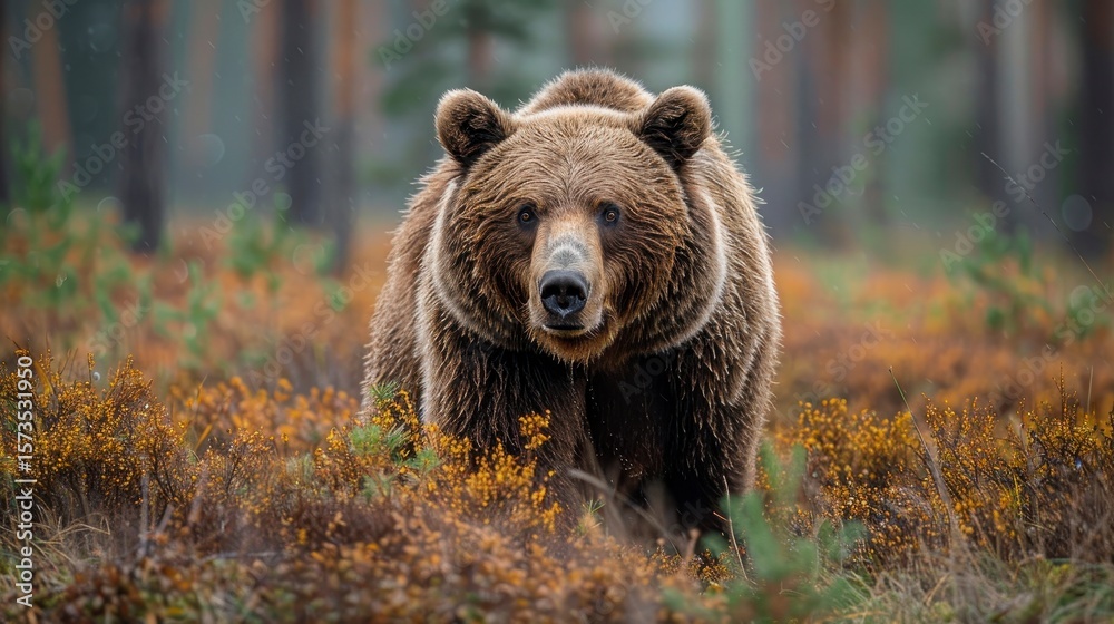 Fototapeta premium Brown bear stares forward in forest undergrowth