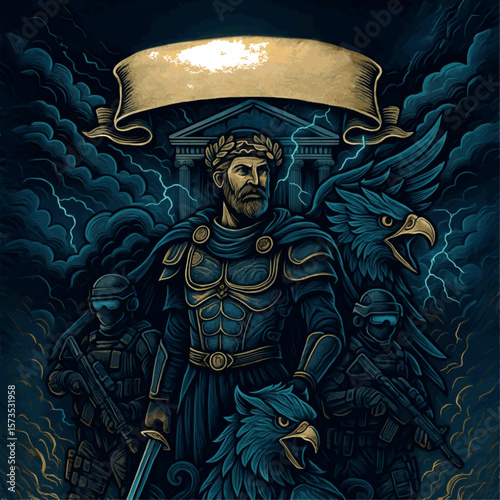 Divine Roman King & Eagles with Tactical Soldiers in Thunderstorm
