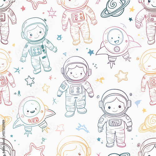Cute Astronauts in Space Galaxy Cosmos Rocket Kids Pattern