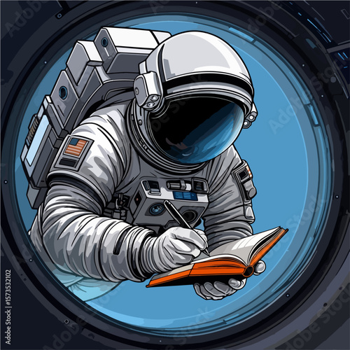 Astronaut in Space Writing Notes - Stock Illustration