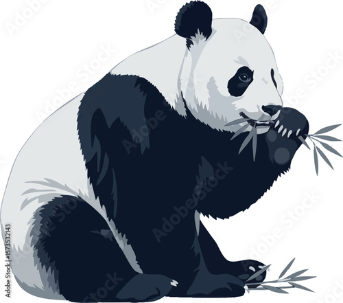 Panda vector illustration sitting and eating bamboo – side view on white, 2D vector illustration