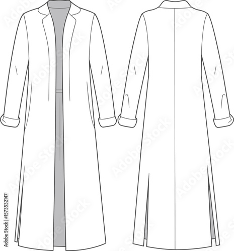 Modern Long Duster Coat CAD Drawing Flat Vector Illustration with Rolled Cuffs and Side Slits for Fashion Design