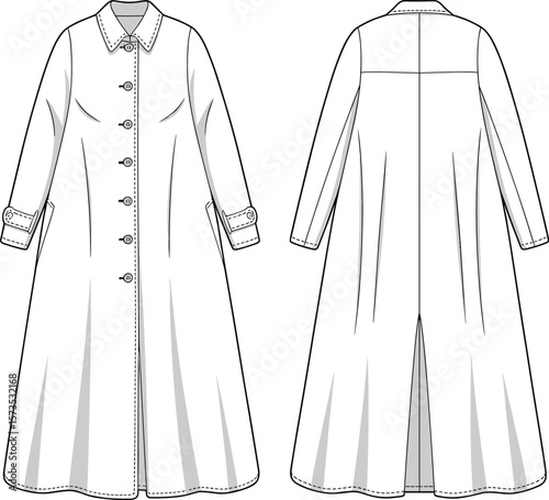 Elegant Long Coat CAD Drawing Flat Vector Illustration with A-Line Silhouette and Button Front for Fashion Design