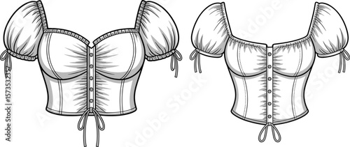  Romantic Puff Sleeve Corset Top CAD Drawing Flat Vector Illustration with Front Buttons and Drawstring for Fashion Design