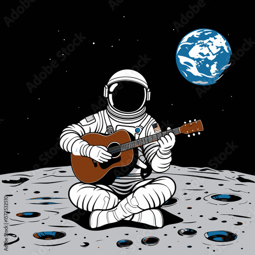 Astronaut on the Moon Playing Guitar Cosmic Space Serenade