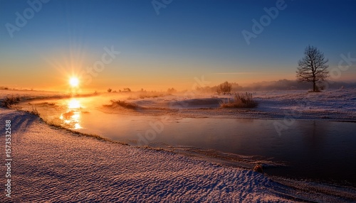 tranquility and lucidity of a chilly morning are depicted in a scene where earth appears to pause while sun ascends and gently heats surroundings