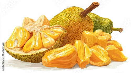 Fresh jackfruit, whole and sliced, vibrant yellow flesh, on a white background
