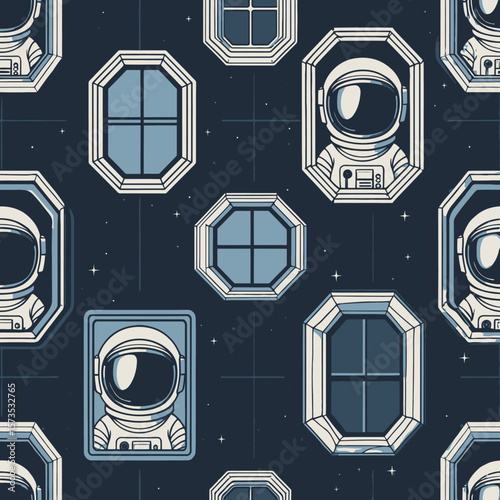 Astronauts in Space Seamless Cosmic Window Pattern