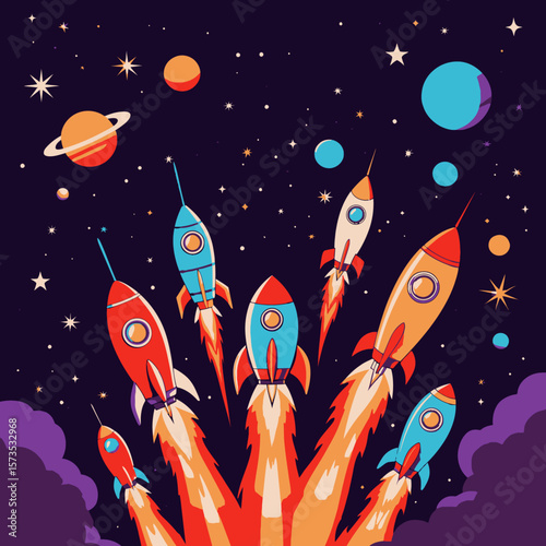 Retro Rockets Galaxy Adventure - Space Exploration Vector Art