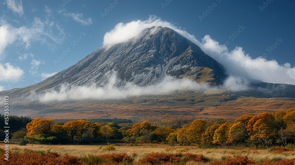 Fototapeta premium Mountain peak veiled in clouds, autumn trees below, blue sky backdrop