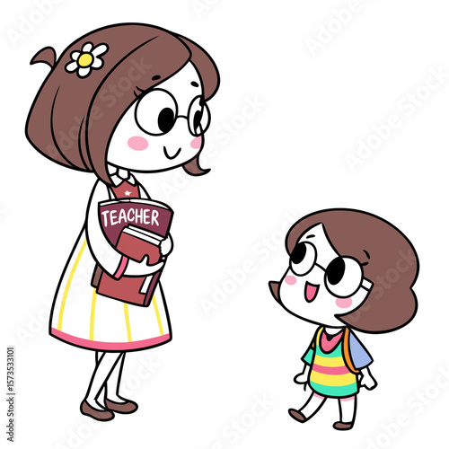 A teacher happily giving a book to a student