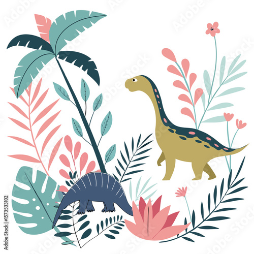 Charming dinosaurs amidst lush tropical foliage and colorful plants