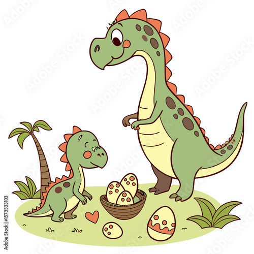 A mother trex and baby dinosaur with eggs in a basket