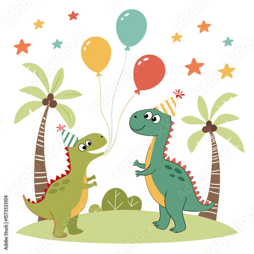 Two cute dinosaurs celebrating a birthday with balloons and hats