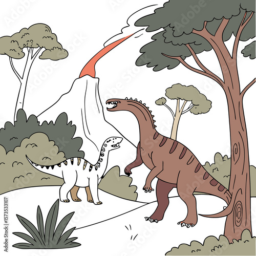 Two dinosaurs stand near a volcano with a lava eruption
