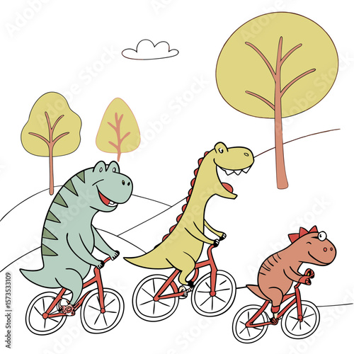 Three happy dinosaurs riding bicycles through a park