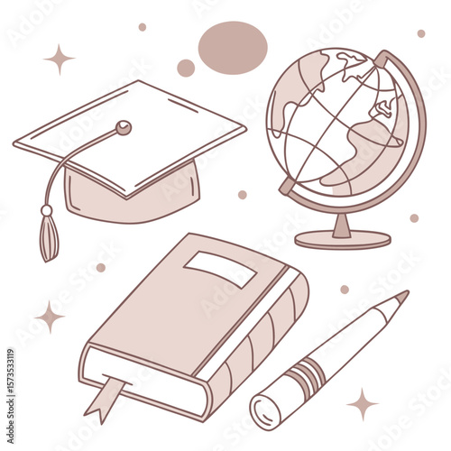 Graduation cap, book, globe, and pen on a white background