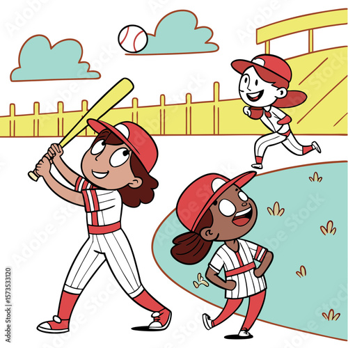 Three girls playing baseball on a sunny day at the field