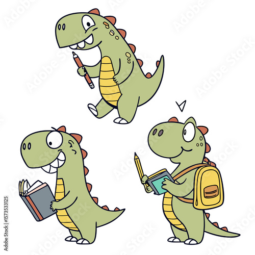 Cute dinosaurs learning and going to school with books
