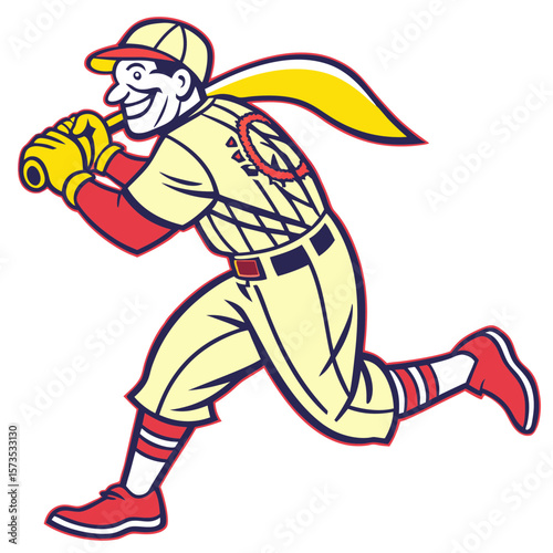 Vintage baseball player in uniform swinging a bat