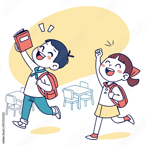 Excited students running with books after school