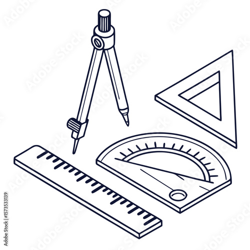 Geometric drawing tools including compass, ruler, and protractor