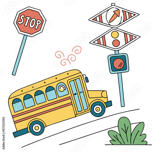 A yellow school bus with stop and traffic signs