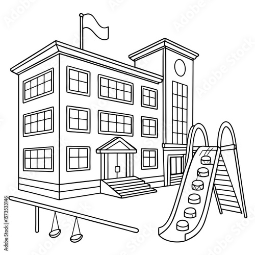 A school building with a playground slide and swings