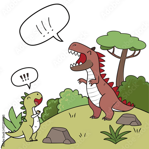 Two cartoon dinosaurs talking with speech bubbles in nature